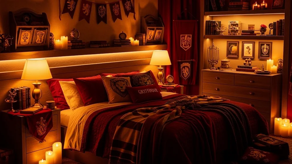 Quarto temático Grifinória com iluminação quente, detalhes em vermelho e dourado, abajures, velas LED e decoração mágica inspirada em Harry Potter