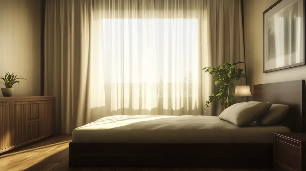 quarto moderno com cama de madeira escura, cabeceira estofada e cortinas leves e transparentes, criando contraste elegante. Ambiente aconchegante, bem iluminado, com design equilibrado e sofisticado.