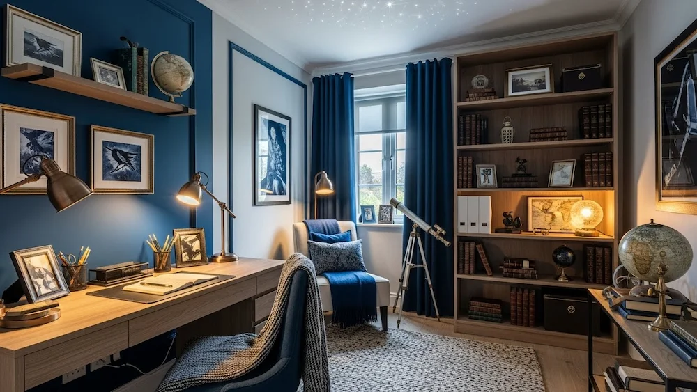 Quarto temático Corvinal com decoração em tons de azul e bronze, estantes iluminadas, espaço de estudo criativo e atmosfera inspiradora.
