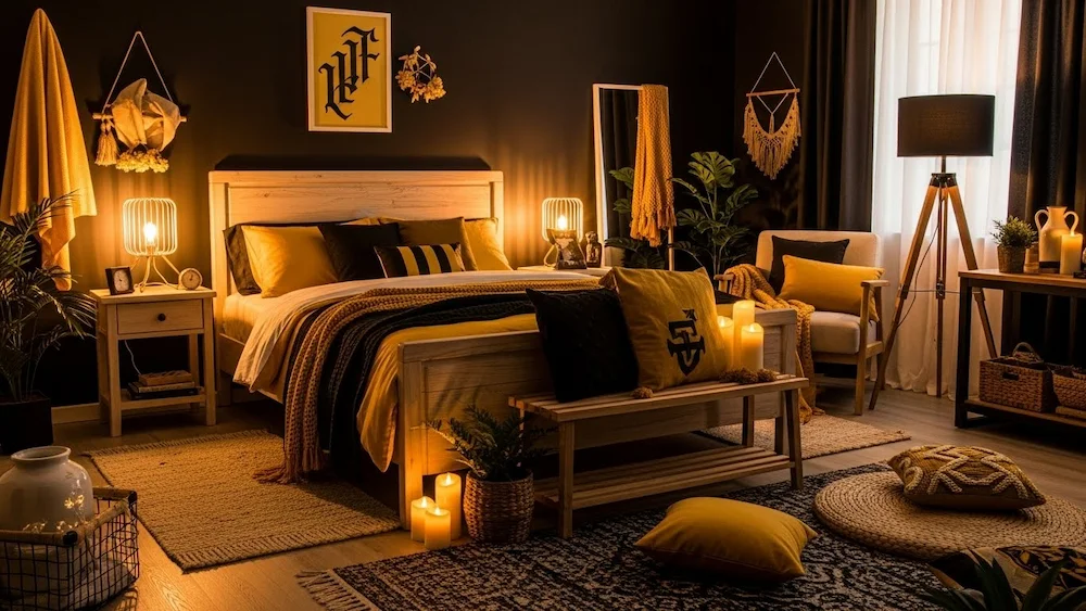 Quarto temático Lufa-Lufa com decoração aconchegante em tons de amarelo e madeira clara, iluminação quente e ambiente confortável.