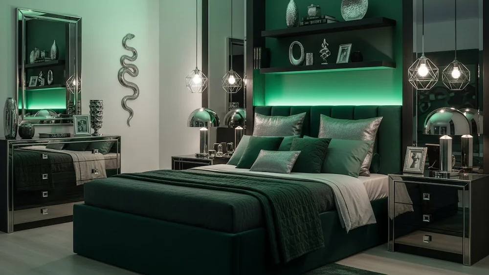 Quarto temático Sonserina com decoração sofisticada em tons de verde escuro e prata, iluminação indireta, móveis modernos e acabamento elegante.