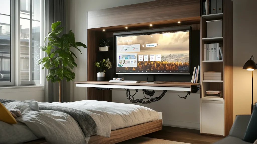 Hack moderno e prático para quarto com cama com gavetas embutidas, mesa dobrável ou compacta, televisão de tela plana na parede ou em rack, e organizadores simples. Ambiente aconchegante e contemporâneo com iluminação natural e luzes quentes, promovendo organização eficiente e aproveitamento realista do espaço.