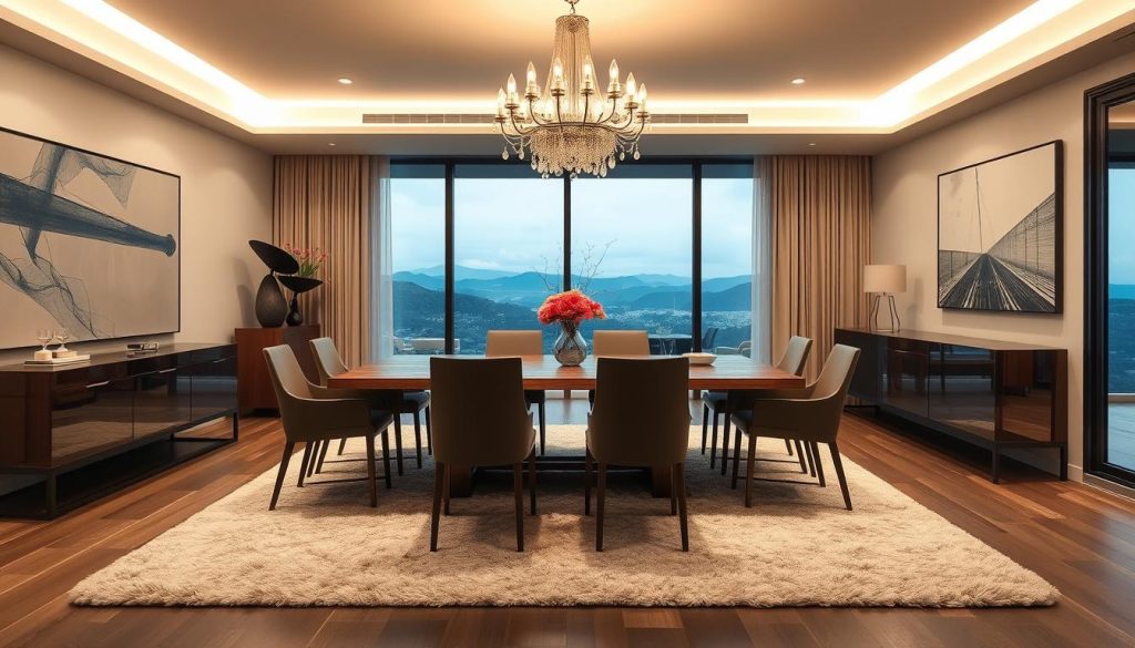 Uma sala de jantar lindamente decorada com uma estética elegante e moderna. Em primeiro plano, uma grande mesa de jantar de madeira com cadeiras elegantes e contemporâneas ao redor. No alto, um lustre deslumbrante emite um brilho quente e ambiente, iluminando o espaço. As paredes são decoradas com obras de arte minimalistas, criando uma atmosfera refinada, semelhante à de uma galeria. O meio-termo apresenta um grande tapete de pelúcia que ancora o espaço, enquanto o fundo revela janelas do chão ao teto, oferecendo um cenário pitoresco e natural. O cenário geral transmite uma sensação de charme sofisticado, porém convidativo, perfeito para uma experiência gastronômica formal e elegante.
