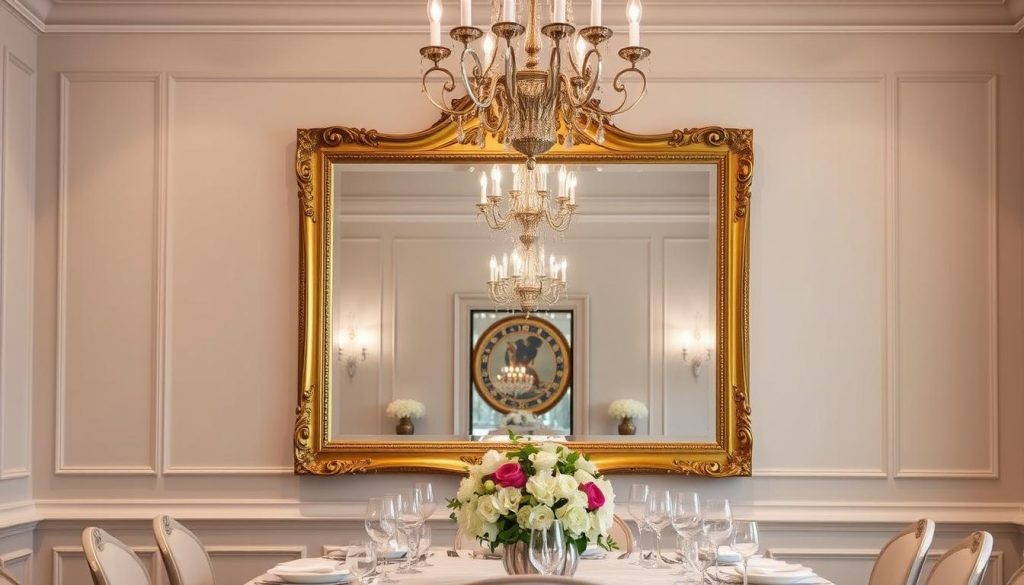 Sala de jantar com espelho grande retangular de moldura dourada refletindo mesa e lustre