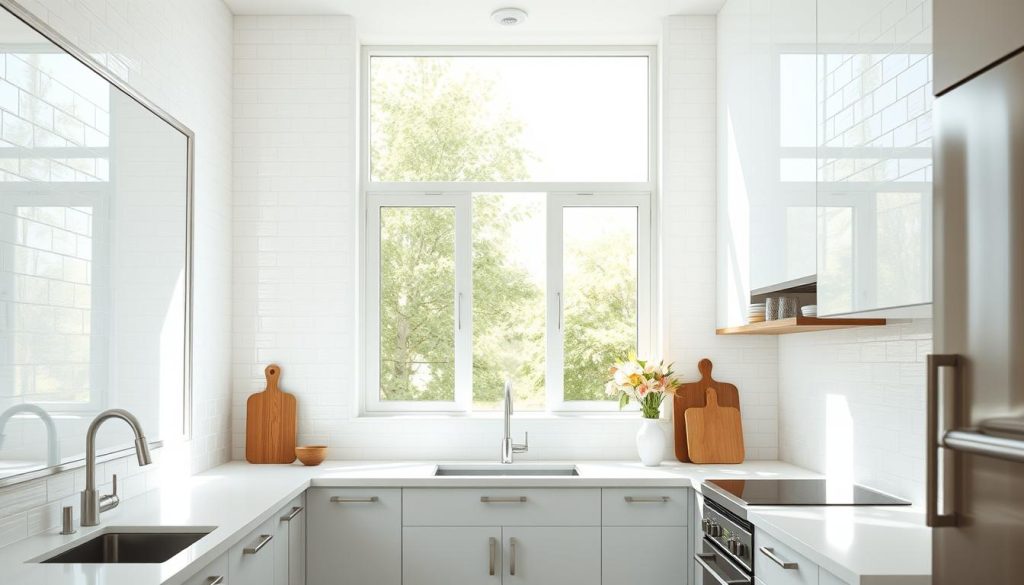 Um interior de cozinha claro e arejado com paredes de azulejos brancos modernos e elegantes que refletem a luz natural que entra pelas grandes janelas. Os azulejos têm um padrão sutil e texturizado que acrescenta interesse visual, enquanto o design limpo e minimalista cria uma sensação de abertura e funcionalidade. Os azulejos se estendem das bancadas até o teto, criando um visual coeso e contínuo que destaca as características arquitetônicas da cozinha. Os detalhes em madeira quente e as ferragens metálicas dão um toque de calor, complementando a paleta fria e nítida. O cenário geral transmite uma sensação de tranquilidade, eficiência e os benefícios práticos da utilização de azulejos em um ambiente de cozinha.