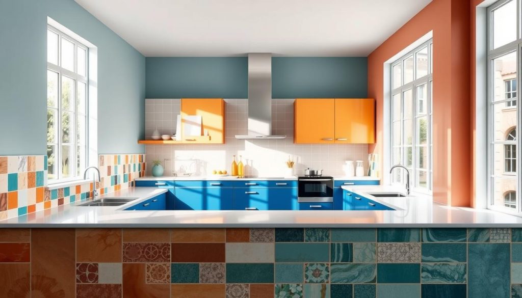 
Uma cozinha bem iluminada e arejada com uma variedade de paletas de cores vibrantes e harmoniosas adornando as paredes. O primeiro plano mostra uma variedade de azulejos de cozinha em diversos tons, de terracota quente a azuis e verdes frios, dispostos em um layout visualmente atraente. O meio-termo apresenta armários e eletrodomésticos elegantes e modernos em tons complementares, criando uma estética coesa e elegante. O plano de fundo mostra uma abundância de luz natural entrando por grandes janelas, lançando um brilho suave e lisonjeiro sobre toda a cena. A atmosfera geral é de calor, sofisticação e um olhar atento para o design, capturando perfeitamente a essência de “Escolhendo Cores e Tons Ideais para Sua Cozinha”.