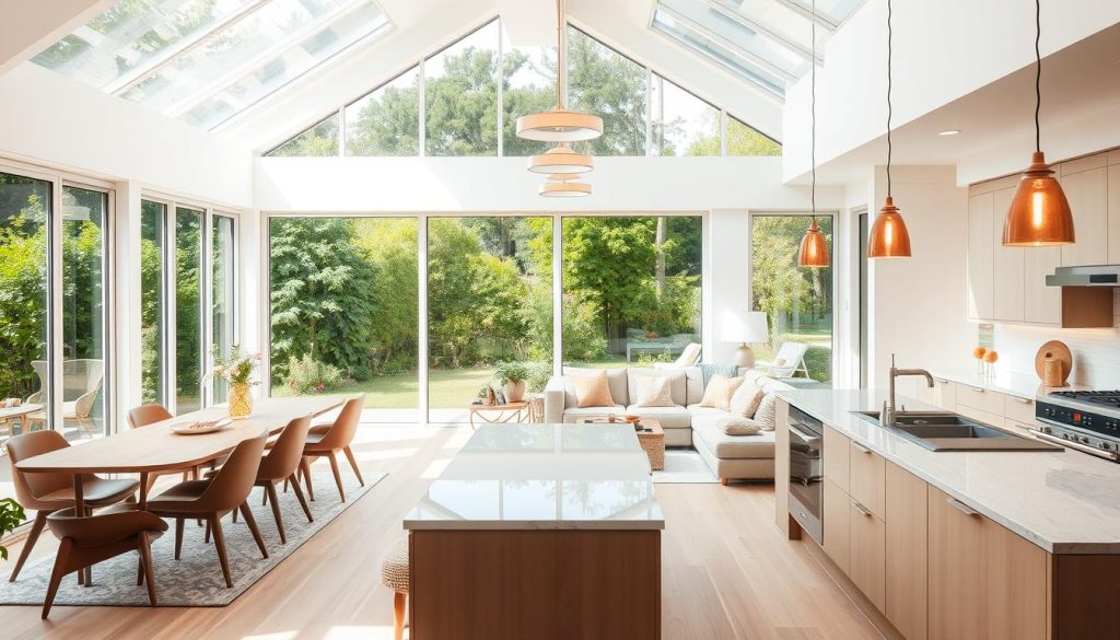 A bright, airy open-concept kitchen and living room, flooded with natural light from large windows overlooking a lush, verdant garden. Sleek, modern kitchen with neutral-toned cabinetry, quartz countertops, and top-of-the-line appliances seamlessly blends into the adjacent living space, featuring a plush sectional sofa, mid-century modern armchairs, and a cozy area rug. Warm pendant lighting casts a gentle glow, accentuating the clean lines and harmonious color palette. The space exudes a sense of casual elegance, perfect for relaxing, entertaining, and enjoying the integration of cooking and socializing. Uma cozinha e sala de estar amplas, arejadas e iluminadas, em conceito aberto, inundadas de luz natural através de amplas janelas com vista para um jardim exuberante e verdejante. Uma cozinha elegante e moderna, com armários em tons neutros, bancadas de quartzo e eletrodomésticos de última geração, integra-se perfeitamente à sala de estar adjacente, que conta com um sofá secional luxuoso, poltronas modernas de meados do século e um tapete aconchegante. A iluminação pendente suave cria um brilho suave, acentuando as linhas retas e a paleta de cores harmoniosa. O espaço exala uma sensação de elegância casual, perfeita para relaxar, receber visitas e desfrutar da integração entre cozinhar e socializar.