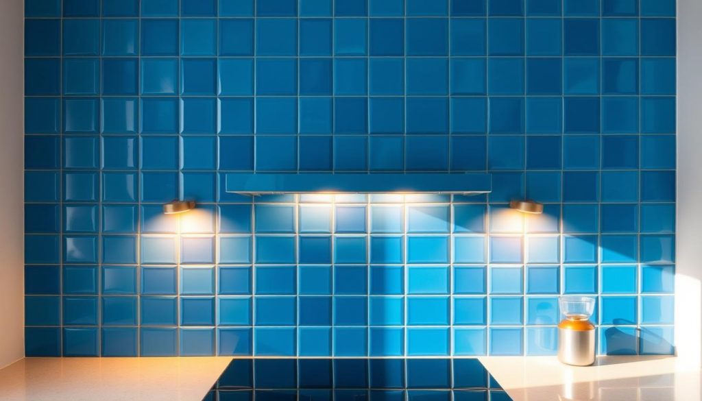 
Um interior de cozinha brilhante e moderno, com um backsplash de azulejos visualmente marcante em tons de azul. Os azulejos têm um acabamento elegante e brilhante, dispostos em um padrão de grade que cria uma sensação de ordem e coesão. A iluminação indireta emite um brilho quente, destacando a textura e a profundidade dos azulejos. A cena é colocada em uma parede de tom neutro, permitindo que os azulejos sejam o ponto focal. A atmosfera geral é de sofisticação e atenção aos detalhes do design, capturando perfeitamente a essência de um “Guia de Compra: azulejos decorativos para cozinha”.