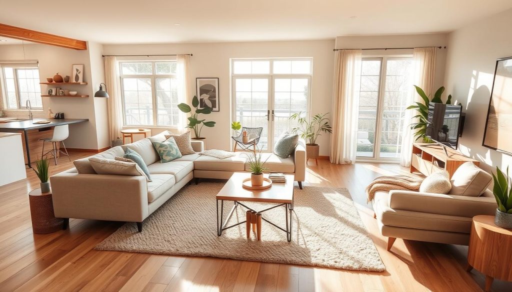 A cozy and inviting living room with an open and integrated floor plan, bathed in warm, natural lighting from large windows. A modern, minimalist sofa arrangement is complemented by a wooden coffee table and a plush area rug, creating a harmonious and cohesive visual flow. Neutral tones and earthy textures blend seamlessly, while strategically placed decor elements, such as plants and artwork, add pops of color and visual interest. The room's layout and design create a sense of spaciousness and connectivity, effectively blurring the boundaries between distinct living areas and making the most of the available square footage.