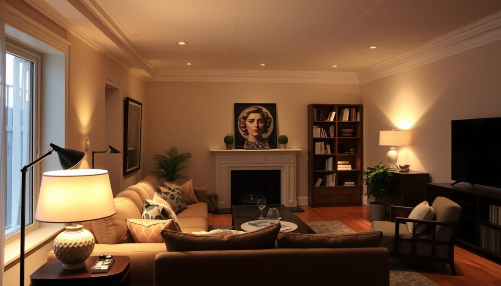 Uma sala de estar aconchegante e convidativa, com iluminação estrategicamente posicionada que ilumina o espaço e destaca os principais elementos do design. Tons suaves e quentes criam um ambiente sereno, enquanto uma mistura de iluminação de tarefa e de destaque atrai o olhar para áreas específicas, como uma obra de arte marcante, um recanto de leitura macio ou uma estante decorativa. Sombras e realces sutis acrescentam profundidade e dimensão, fazendo com que o cômodo pareça ao mesmo tempo íntimo e amplo. Lâmpadas cuidadosamente posicionadas e luminárias embutidas iluminam suavemente as paredes, criando uma sensação de profundidade e chamando a atenção para os detalhes arquitetônicos. O efeito geral é um espaço harmonioso e bem equilibrado que parece funcional e visualmente atraente.