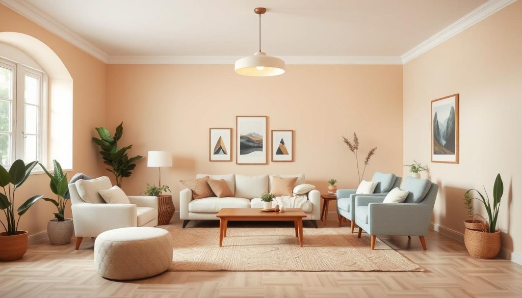 Uma pequena sala de estar aconchegante e convidativa com uma paleta de cores quente e harmoniosa. As paredes apresentam um tom suave e discreto de bege que cria uma atmosfera calma e expansiva. Em primeiro plano, um sofá de pelúcia de cor creme está posicionado para maximizar o espaço disponível, complementado por um par de poltronas em um tom complementar de cinza claro. O cômodo é iluminado por uma moderna luminária pendente posicionada no centro, que emite um brilho suave e difuso, acentuando as texturas e os materiais naturais. Obras de arte emolduradas e vasos de plantas acrescentam toques de cor e interesse visual, enquanto uma mesa de centro baixa de madeira e um grande tapete de tecido ancoram o espaço. O efeito geral é uma sala de estar aconchegante e bem equilibrada, espaçosa e convidativa, com uma mistura harmoniosa de tons neutros e elementos naturais.
