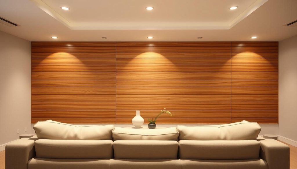 A cozy and modern living room with a stunning slatted wood panel feature wall. The panel has a natural, warm tone and a sleek, minimalist design, adding depth and texture to the space. Soft, even lighting from recessed ceiling fixtures illuminates the room, creating a serene and inviting atmosphere. In the foreground, a plush, neutral-toned sofa sits facing the panel, complemented by clean-lined, contemporary furniture pieces. The middle ground showcases a few decorative accents, such as a sculptural vase and a small potted plant, adding a touch of nature. The background subtly fades into a soft, muted tone, allowing the slatted panel to take center stage as the focal point of the room.
Uma sala de estar aconchegante e moderna com uma impressionante parede de painel de madeira ripada. O painel tem um tom natural e quente e um design elegante e minimalista, acrescentando profundidade e textura ao espaço. A iluminação suave e uniforme das luminárias embutidas no teto ilumina o cômodo, criando uma atmosfera serena e convidativa. No primeiro plano, um sofá de pelúcia em tom neutro fica de frente para o painel, complementado por peças de mobiliário contemporâneas e de linhas simples. O meio-termo apresenta alguns detalhes decorativos, como um vaso escultural e um pequeno vaso de planta, acrescentando um toque de natureza. O fundo sutilmente se desvanece em um tom suave e sem som, permitindo que o painel de ripas ocupe o centro do palco como o ponto focal da sala.