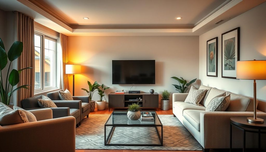 Uma sala de estar aconchegante e visualmente atraente com um ponto focal de um aparelho de TV moderno e elegante. A sala é banhada por uma iluminação quente e suave, criando uma atmosfera convidativa e relaxante. Assentos macios e confortáveis, como um sofá seccional e poltronas, cercam a TV, dispostos em um layout de conversação. Elementos decorativos estrategicamente posicionados, como vasos de plantas, obras de arte e acessórios de bom gosto, complementam o design, aprimorando a estética geral. A sala exala uma mistura harmoniosa de funcionalidade e apelo visual, refletindo a importância de uma área de sala de TV bem projetada.