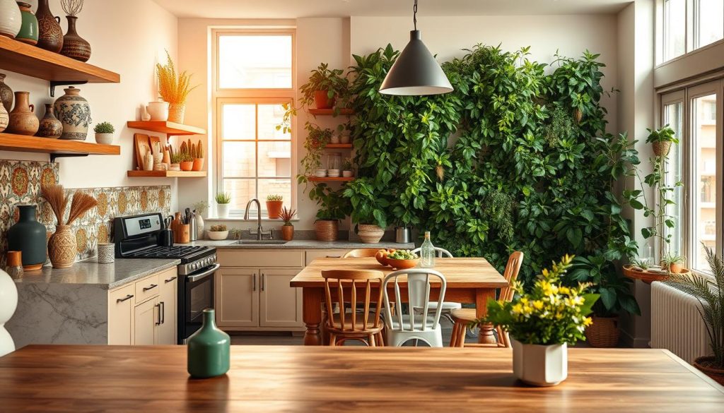O interior de uma cozinha aconchegante, banhada pela luz natural e quente que passa pelas grandes janelas. Em primeiro plano, um arranjo impressionante de azulejos decorativos em um padrão geométrico vibrante adorna o backsplash, integrando-se perfeitamente a uma coleção de vasos artesanais, vasos de plantas e prateleiras de madeira rústica. O meio-termo apresenta eletrodomésticos modernos e elegantes e uma mesa de jantar de madeira em estilo de casa de fazenda, cercada por cadeiras incompatíveis, porém complementares. Ao fundo, uma exuberante parede interna de plantas acrescenta um toque de vegetação exuberante, criando um equilíbrio harmonioso entre os elementos decorativos e os aspectos funcionais da cozinha.