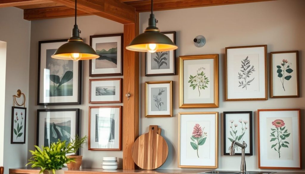 Um interior de cozinha aconchegante com uma coleção de molduras decorativas lindamente selecionadas adornando as paredes. As molduras apresentam uma variedade de obras de arte, desde peças modernas abstratas até impressões botânicas de inspiração vintage, todas harmoniosamente dispostas para complementar o estilo da cozinha. A iluminação quente e suave das luminárias pendentes emite um brilho suave, acentuando as texturas das molduras e criando um ambiente acolhedor. A paleta neutra da cozinha e os detalhes em madeira natural proporcionam um pano de fundo sofisticado, permitindo que a obra de arte ocupe o centro do palco. A composição geral exala uma sensação de elegância sem esforço, inspirando o espectador a imaginar como esses quadros decorativos poderiam aprimorar a estética do espaço de sua própria cozinha.