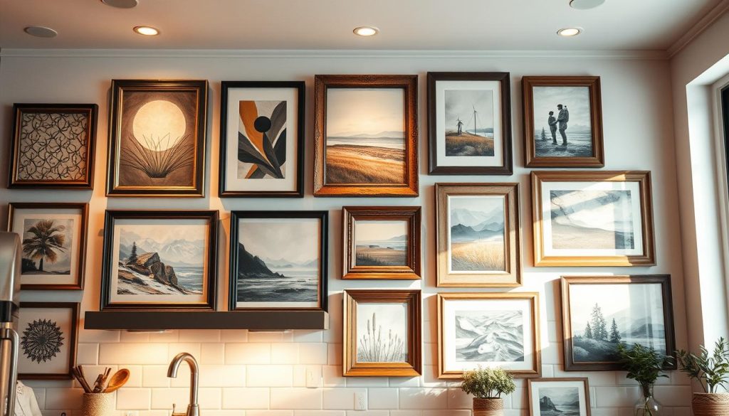 A cozy kitchen interior with warm lighting and a collection of beautifully framed artworks adorning the walls. The frames range in style from sleek, modern metal to rustic, wooden designs, creating a visually captivating and cohesive display. The artwork itself features a variety of subjects, from abstract patterns to nature-inspired landscapes, each piece thoughtfully chosen to complement the kitchen's color scheme and decor. Soft, diffused light filters through the windows, casting a soothing glow over the entire scene and enhancing the inviting atmosphere. The arrangement of the frames is carefully curated, with a harmonious balance of sizes, shapes, and compositions that draw the eye and inspire creativity in the viewer.