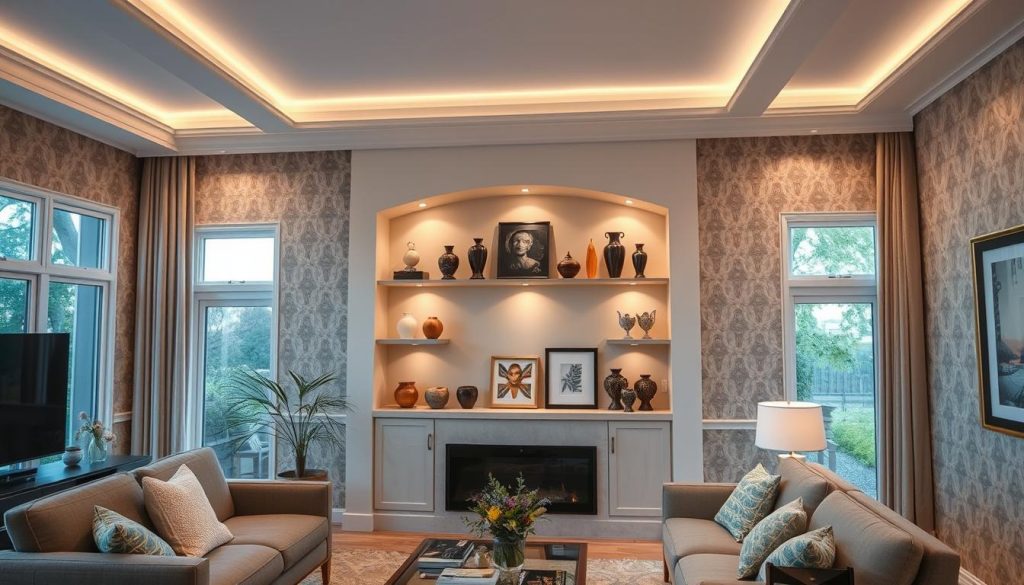 Uma sala de estar aconchegante com um belo nicho montado na parede, suavemente iluminado por uma iluminação superior quente. O nicho apresenta prateleiras elegantes, exibindo uma variedade de itens decorativos, como vasos, esculturas e obras de arte emolduradas. As paredes ao redor são decoradas com papel de parede em tons neutros, criando um ambiente harmonioso e convidativo. O cômodo é repleto de luz natural, que entra pelas grandes janelas, acentuando a profundidade e a textura do design do nicho. A cena geral transmite uma sensação de equilíbrio, sofisticação e os benefícios da incorporação de elementos arquitetônicos bem pensados na sala de estar.