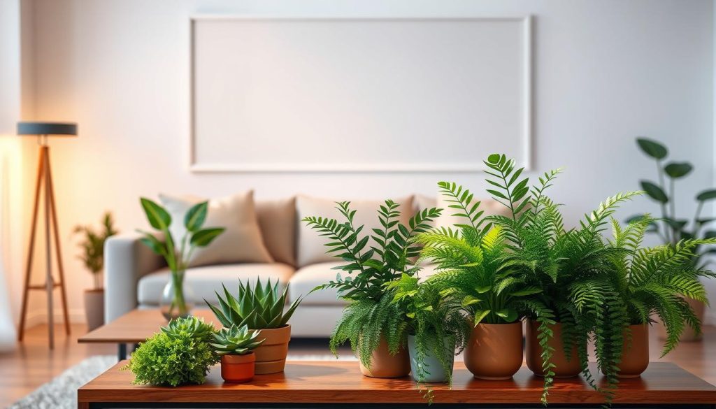 Uma sala de estar aconchegante com uma exuberante exposição de plantas artificiais. Em primeiro plano, uma variedade de vasos com plantas vibrantes, incluindo suculentas artificiais, samambaias e arranjos folhosos exuberantes, artisticamente dispostos sobre uma mesa lateral moderna de madeira. No meio, há um sofá minimalista e elegante, complementado por uma iluminação ambiente aconchegante que emite um brilho suave, criando uma atmosfera serena e convidativa. Ao fundo, uma parede em tons neutros funciona como um cenário limpo e elegante, permitindo que as plantas artificiais sejam o centro das atenções. A composição geral captura a beleza e o apelo de baixa manutenção de decorar um espaço com folhagens artificiais.