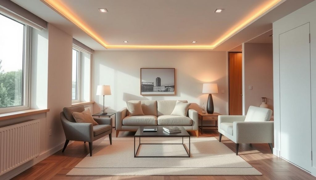 Uma sala de estar aconchegante com um layout minimalista, apresentando uma disposição compacta de peças de mobiliário essenciais. Um sofá de pelúcia ocupa o centro do palco, complementado por uma mesa de centro elegante e uma poltrona compacta posicionada estrategicamente para otimizar o fluxo de movimento. A iluminação quente e difusa das luminárias embutidas no teto cria um ambiente acolhedor, enquanto as grandes janelas permitem que a luz natural inunde o espaço, tornando-o arejado e aberto. Tons neutros e linhas limpas dominam o design, criando uma sensação de harmonia visual e espaço nesse ambiente íntimo.