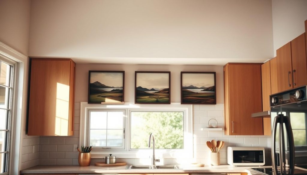Um interior de cozinha aconchegante e bem iluminado com um arranjo de bom gosto de arte de parede emoldurada. O ponto focal é uma coleção de três pinturas de paisagens contemporâneas de tamanho médio, espaçadas uniformemente acima do balcão da cozinha. As molduras são minimalistas, com acabamento em madeira escura ou metal que complementa o esquema de cores. A iluminação natural e suave de uma grande janela banha a cena, criando uma atmosfera calorosa e convidativa. Os armários e eletrodomésticos da cozinha são modernos, com linhas limpas e tons neutros que permitem que a obra de arte brilhe. A composição geral é equilibrada, com as pinturas posicionadas na altura dos olhos, chamando a atenção do espectador e servindo como um ponto focal elegante no espaço.