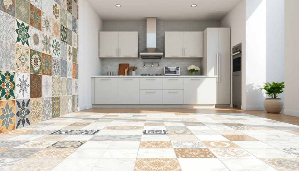 Um plano detalhado de layout de azulejos para o interior de uma cozinha moderna. O primeiro plano mostra uma seleção de azulejos decorativos em vários padrões, cores e texturas, dispostos em uma composição coesa e visualmente atraente. O meio-termo mostra as paredes da cozinha, com diferentes tamanhos e formas de azulejos dispostos em um padrão semelhante a uma grade, demonstrando a possível colocação e disposição dos azulejos. O plano de fundo apresenta um ambiente de cozinha minimalista, com armários, bancadas e eletrodomésticos simples, permitindo que o foco permaneça no design dos azulejos e no processo de planejamento. A iluminação é clara e natural, destacando os detalhes intrincados e o brilho das superfícies dos azulejos. O clima geral é de planejamento cuidadoso, atenção ao design e o potencial para criar um ambiente de cozinha elegante e personalizado.
