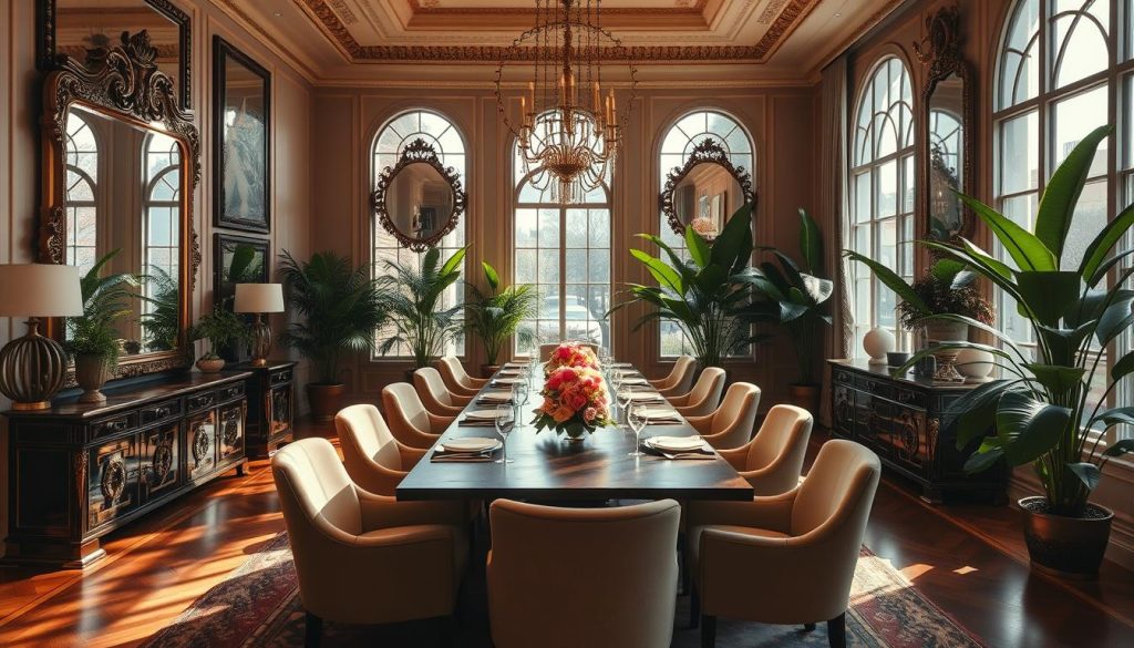 Uma sala de jantar elegantemente decorada, com um ambiente acolhedor e convidativo.A peça central é uma longa mesa de jantar de madeira cercada por cadeiras de pelúcia.As paredes são adornadas com espelhos grandes e ornamentados que refletem a luz natural que entra pelas grandes janelas, criando uma sensação de profundidade e espaço.Plantas exuberantes e verdejantes estão estrategicamente colocadas em toda a sala, acrescentando um toque refrescante da natureza.A iluminação é suave, com um brilho dourado, criando uma atmosfera aconchegante e íntima. A estética geral é de sofisticação refinada, capturando perfeitamente o tema “Elementos Decorativos que Fazem a Diferença”.