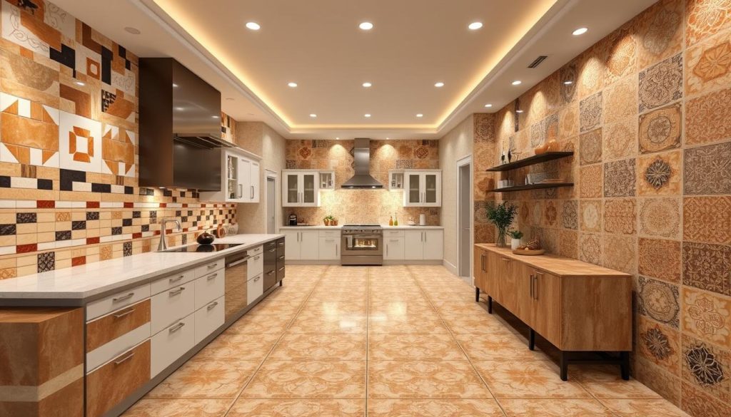 Interior de uma cozinha grande e espaçosa, com uma variedade de padrões de azulejos decorativos cobrindo as paredes, o piso e alguns detalhes. A iluminação quente e difusa das luminárias suspensas emite um brilho suave, destacando as texturas e cores complexas dos azulejos. Em primeiro plano, um backsplash de cozinha com azulejos apresenta uma mistura de acabamentos brilhantes e foscos, complementados por eletrodomésticos modernos e elegantes. No centro, ladrilhos estampados no piso conduzem o olhar para uma ilha de cozinha revestida de azulejos, enquanto o plano de fundo exibe paredes revestidas de azulejos em uma variedade de designs geométricos e orgânicos, criando um ambiente harmonioso e visualmente impressionante.
