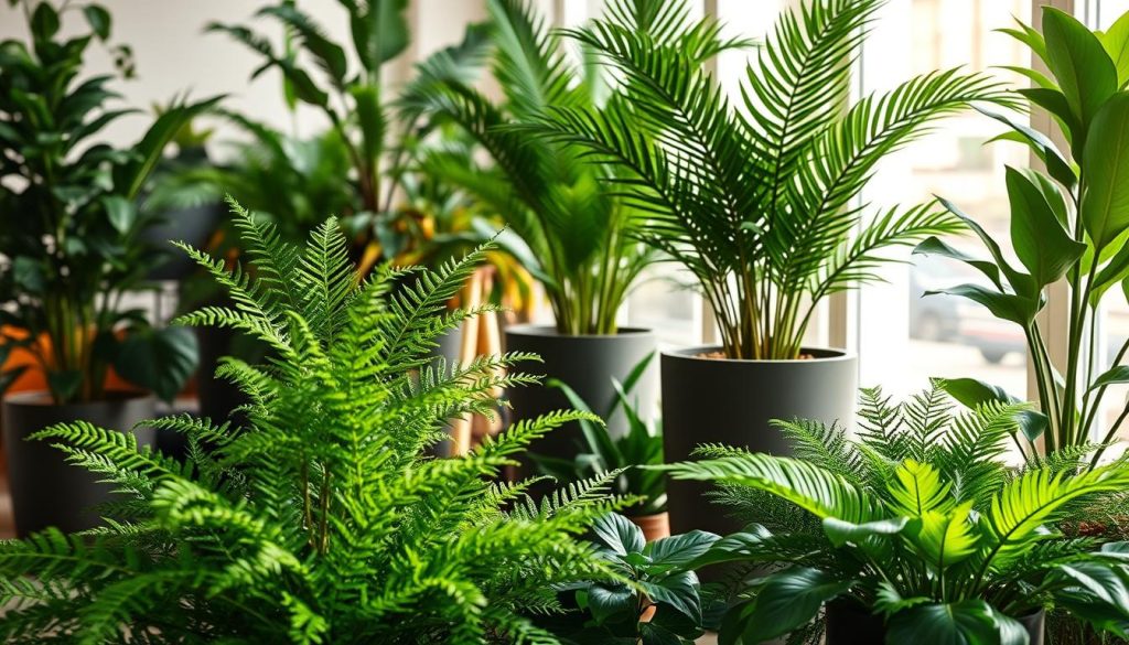 Um exuberante jardim interior com plantas artificiais em vasos, meticulosamente criado para imitar o mundo natural. O primeiro plano apresenta uma variedade de folhas verdes, desde delicadas samambaias a folhas tropicais exuberantes, dispostas numa composição harmoniosa. O plano médio apresenta vasos elegantes e minimalistas em tons suaves, complementando a folhagem. O fundo é banhado por uma luz natural e acolhedora, projetando um brilho suave e convidativo e criando uma sensação de profundidade e atmosfera. A cena geral exala uma estética calmante e de baixa manutenção, perfeita para uma sala de estar ou espaço de escritório. A imagem deve transmitir o cuidado e a atenção necessários para manter a aparência imaculada dessas plantas artificiais, refletindo a seção “Cuidados e Manutenção de Plantas Artificiais”.