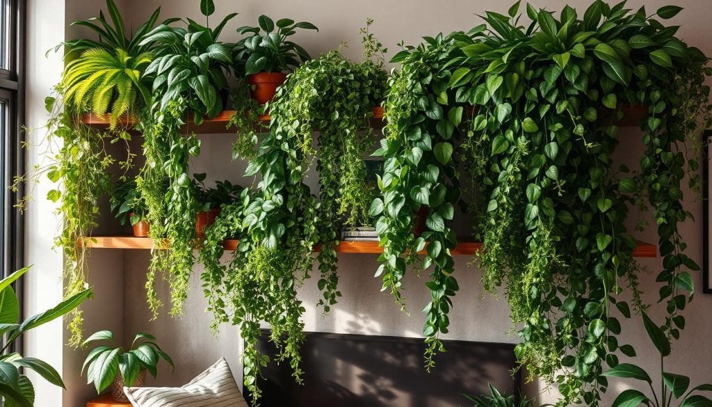 
Um arranjo meticulosamente cuidado de plantas artificiais exuberantes e realistas que caem em cascata das prateleiras, complementando o ambiente acolhedor e convidativo de uma sala de estar aconchegante. A iluminação suave e difusa projeta sombras suaves, destacando as texturas variadas e os tons verdes da folhagem. Uma mistura harmoniosa de elementos naturais e artificiais, as plantas integram-se perfeitamente à decoração existente, criando um ponto focal sereno e visualmente impressionante. Detalhes intricados, como folhas delicadas e variações sutis de tons, elevam o realismo, convidando o observador a mergulhar neste santuário tranquilo e repleto de plantas.