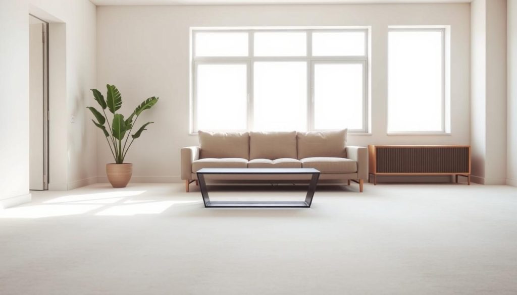 Uma sala de estar minimalista com linhas simples, luz natural e um senso de equilíbrio. Uma grande janela preenche o fundo, lançando um brilho suave e difuso sobre o espaço esparso, mas cuidadosamente organizado. No primeiro plano, um sofá de perfil baixo e uma mesa de centro simples e angular criam um ponto focal harmonioso. Tons suaves e terrosos, como bege e cinza suave, dominam a paleta de cores, pontuada pelo toque ocasional de vegetação de um vaso de plantas. A atmosfera geral exala uma sensação de serenidade e calma, convidando o espectador a abraçar a simplicidade e a tranquilidade da estética minimalista.