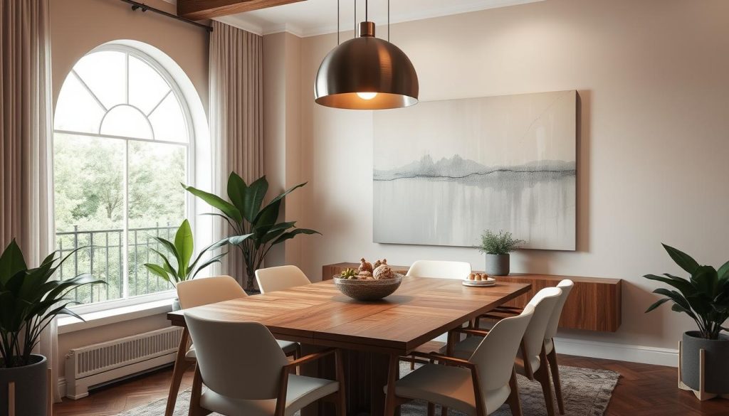 Uma sala de jantar moderna e elegante com uma atmosfera calorosa e convidativa. Uma mesa de jantar retangular de madeira com linhas simples e cadeiras elegantes e minimalistas é o ponto focal, iluminada por uma luminária pendente contemporânea com acabamento em metal suave. As paredes são pintadas em uma paleta de cores suaves e neutras, complementadas por uma grande obra de arte abstrata em tons de bege e cinza. Os vasos de plantas exuberantes dão um toque de vegetação natural, enquanto uma grande janela em arco permite que a luz natural inunde o espaço, lançando um brilho suave. O efeito geral é um espaço harmonioso e refinado que exala sofisticação e uma estética refinada.