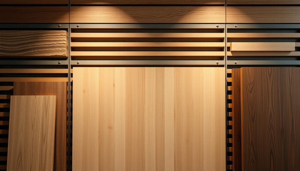 A modern and sophisticated slatted panel display showcasing a variety of natural, high-quality materials. A sleek, well-lit wooden panel forms the centerpiece, flanked by textured samples of rustic pine, smooth oak, and richly grained walnut in varying shades. The layout is minimalist yet inviting, allowing the materials to take center stage in a harmonious, gallery-like arrangement. Subtle shadows and highlights accentuate the tactile qualities of each element, conveying a sense of craftsmanship and attention to detail. The overall mood is one of refined simplicity, reflecting the timeless appeal of slatted panel design.
"Painel de ripado moderno com destaque para madeira natural de alta qualidade, incluindo pinho rústico, carvalho liso e nogueira granulada. Design minimalista e sofisticado com iluminação suave que valoriza texturas e tons variados.