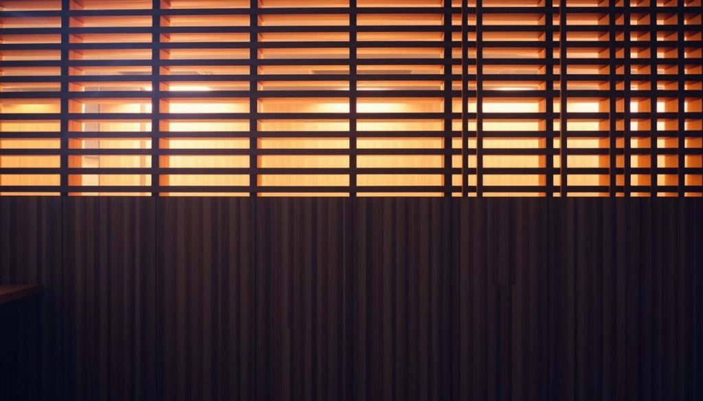 A modern and sophisticated slatted wood panel acting as a room divider, seamlessly blending two distinct spaces. The light gently filters through the parallel wooden slats, casting a warm, inviting glow throughout the scene. The panel's clean, minimalist lines create a sense of visual unity, while the natural grain of the wood adds depth and texture. Soft, diffused lighting emanates from hidden sources, accentuating the panel's sculptural qualities and creating a calming, serene atmosphere. The panel's placement is thoughtful, effortlessly separating the areas while maintaining an open, airy feel. This versatile design element embodies both functionality and aesthetic appeal, elevating the overall decor. A modern and sophisticated slatted wood panel acting as a room divider, seamlessly blending two distinct spaces. The light gently filters through the parallel wooden slats, casting a warm, inviting glow throughout the scene. The panel's clean, minimalist lines create a sense of visual unity, while the natural grain of the wood adds depth and texture. Soft, diffused lighting emanates from hidden sources, accentuating the panel's sculptural qualities and creating a calming, serene atmosphere. The panel's placement is thoughtful, effortlessly separating the areas while maintaining an open, airy feel. This versatile design element embodies both functionality and aesthetic appeal, elevating the overall decor.