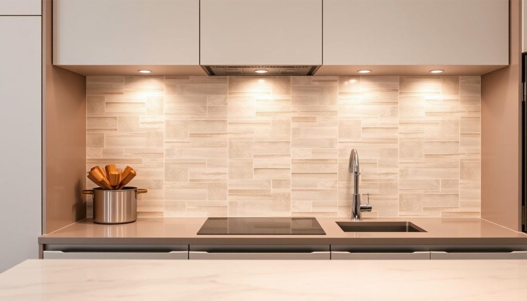 
Uma cozinha moderna com um backsplash de azulejos elegante e funcional. Os azulejos têm uma superfície texturizada sutil, refletindo a luz de uma forma calorosa e convidativa. O padrão dos azulejos é uma mistura harmoniosa de tons neutros, com toques ocasionais de cor que acrescentam interesse visual. Os azulejos são instalados em um layout limpo e minimalista, complementando os armários e eletrodomésticos elegantes e contemporâneos. A iluminação suave e difusa de cima emite um brilho suave, destacando a profundidade e as nuances dos azulejos. O efeito geral é um espaço que é esteticamente agradável e praticamente projetado para o uso diário.