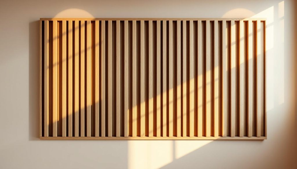 A modern, sophisticated slatted wooden panel in a neutral color palette, bathed in warm, soft lighting. The slats run horizontally, creating a rhythmic, textured pattern that dominates the frame. The panel is set against a minimalist, light-colored background, allowing the wood grain and shadows to take center stage. The overall mood is one of understated elegance and refined simplicity, perfectly capturing the essence of "Decoração de Sala com Painel Ripado: Modernidade e Sofisticação." Painel ripado horizontal em madeira com acabamento sofisticado e paleta neutra, iluminado por luz quente e suave. Destaque para o padrão rítmico e a textura da madeira em contraste com fundo claro e minimalista, ideal para decoração de sala moderna e elegante.