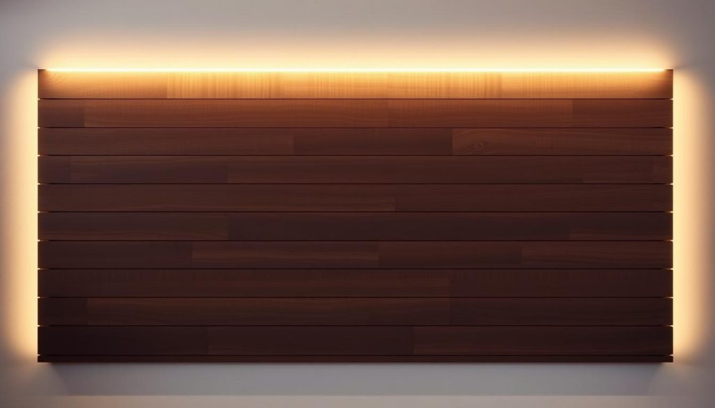 A modern, sophisticated wall panel with parallel wooden slats, illuminated by a soft, warm LED lighting system that casts a gentle glow, creating a cozy and inviting atmosphere in the living room. The panel is composed of finely crafted, dark-stained wooden strips, arranged in a clean, minimalist pattern, evoking a sense of architectural elegance. The LED lights are seamlessly integrated within the panel, providing a subtle and atmospheric lighting solution that can be adjusted to set the desired mood. The panel is positioned against a neutral, muted background, allowing the wood and light to take center stage, showcasing their harmonious interplay and accentuating the room's contemporary and refined aesthetic. Painel de parede moderno ripado de madeira escura paralelas e iluminação LED embutida em tom quente, criando um ambiente aconchegante e sofisticado na sala de estar. Design minimalista com fundo neutro, destacando a elegância da madeira e o efeito de luz ambiente.