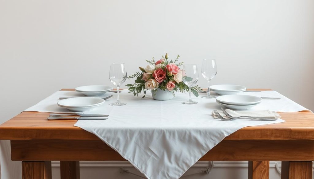 Uma configuração de mesa simples, porém elegante, para uma refeição ao meio-dia. Uma toalha de mesa branca cobre uma mesa de madeira rústica, com um centro de mesa de flores frescas e folhagens. Pratos brancos e nítidos, talheres de prata reluzentes e copos com haste estão cuidadosamente dispostos. A iluminação suave e difusa do teto ilumina a cena, criando uma atmosfera calorosa e convidativa. Ao fundo, uma parede de cor neutra permite que a configuração da mesa ocupe o centro do palco. A composição geral é equilibrada e visualmente atraente, mostrando uma “mesa posta” cuidadosamente selecionada para um almoço simples, porém sofisticado.