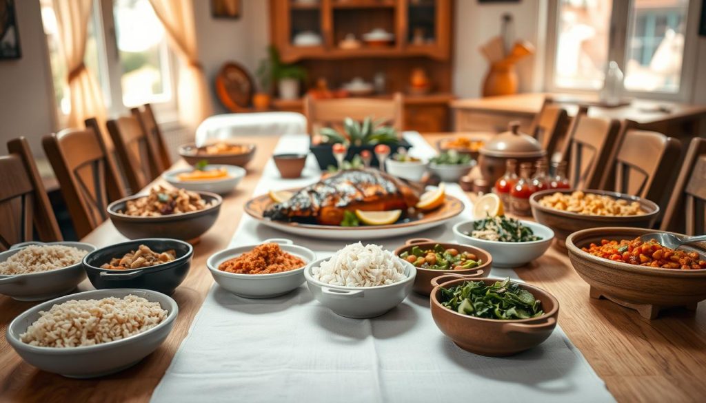 Uma mesa simples, porém elegante, com uma variedade de pratos tradicionais brasileiros dispostos em um layout convidativo. O centro da mesa é uma mesa de madeira com acabamento natural e rústico, adornada com uma toalha de mesa branca e limpa. Em primeiro plano, uma variedade de acompanhamentos típicos do Brasil, como arroz, feijão e verduras, estão cuidadosamente apresentados em tigelas de cerâmica. No meio, um prato de carne ou peixe assado ocupa o centro do palco, cercado por fatias frescas de frutas cítricas e ramos de ervas. O plano de fundo apresenta um ambiente de cozinha aconchegante e confortável, com iluminação natural filtrada pelas janelas, lançando um brilho suave e dourado na cena. A atmosfera geral transmite uma sensação de jantar caseiro e familiar, capturando a essência de uma “mesa posta” tradicional no Brasil.