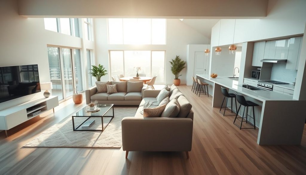 A spacious and inviting open-concept living room seamlessly flows into a modern American-style kitchen. Warm natural light filters through large windows, casting a soft glow on the light hardwood floors and sleek, minimalist furnishings. In the living area, a plush sectional sofa and armchair create a cozy conversation nook, while a glass-topped coffee table and floating media console add a touch of contemporary elegance. The kitchen boasts clean-lined cabinetry, a central island with bar seating, and high-end stainless steel appliances. Subtle earth-toned accents and lush greenery bring a sense of organic harmony to the space, effortlessly blending the living and cooking zones into a cohesive, inviting open plan. Uma sala de estar espaçosa e convidativa, em conceito aberto, integra-se perfeitamente a uma cozinha moderna em estilo americano. A luz natural quente filtra-se pelas amplas janelas, projetando um brilho suave sobre os pisos de madeira clara e os móveis elegantes e minimalistas. Na sala de estar, um sofá secional e uma poltrona confortáveis criam um aconchegante cantinho para conversas, enquanto uma mesa de centro com tampo de vidro e um console multimídia suspenso adicionam um toque de elegância contemporânea. A cozinha ostenta armários de linhas retas, uma ilha central com bancos de bar e eletrodomésticos de aço inoxidável de alta qualidade. Toques sutis em tons terrosos e vegetação exuberante trazem uma sensação de harmonia orgânica ao espaço, integrando sem esforço as áreas de estar e cozinha em um plano aberto coeso e convidativo.