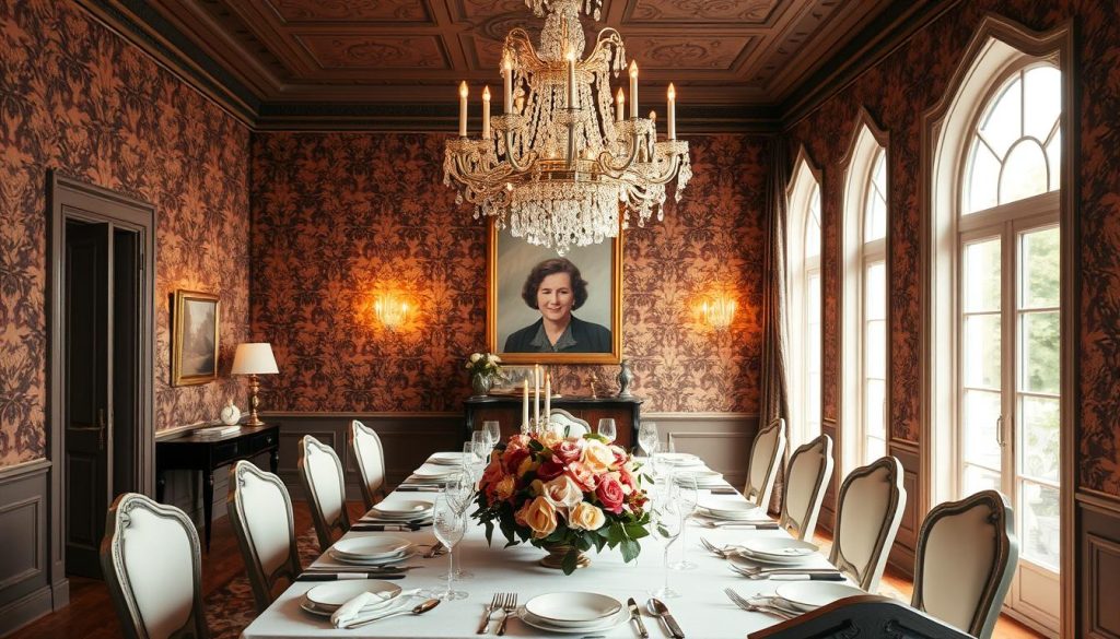 Uma sala de jantar imponente com um deslumbrante papel de parede floral ornamentado em tons ricos adornando as paredes. A mesa está posta com porcelana fina, talheres de prata reluzentes e um centro de mesa com flores recém-cortadas. A iluminação suave e aconchegante de um lustre de cristal lança um brilho suave, criando uma atmosfera de elegância refinada. A sala é emoldurada por grandes janelas que permitem a entrada de luz natural, destacando os intrincados padrões e texturas do papel de parede. O efeito geral é de sofisticação atemporal, perfeitamente adequado à seção “Revestimentos e Acabamentos” do artigo sobre “Decoração de Sala de Jantar: Como Criar um Espaço Elegante”.