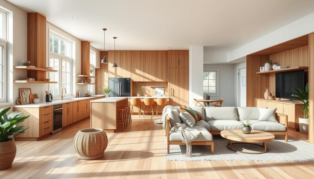 A vibrant and cohesive open-concept kitchen and living room with a harmonious blend of warm wood tones, neutral hues, and pops of muted colors. The space is flooded with natural light, creating a bright and airy ambiance. Modern minimalist furnishings in sleek lines and organic materials seamlessly integrate the two areas, while textural elements such as woven accents and plush textiles add depth and coziness. Subtle lighting fixtures cast a soft glow, complementing the overall tranquil and inviting atmosphere of this beautifully integrated environment. Uma cozinha e sala de estar vibrantes e coesas, em conceito aberto, com uma mistura harmoniosa de tons quentes de madeira, tons neutros e toques de cores suaves. O espaço é inundado por luz natural, criando um ambiente claro e arejado. Móveis minimalistas modernos com linhas elegantes e materiais orgânicos integram perfeitamente os dois ambientes, enquanto elementos texturizados, como detalhes em tecido e tecidos macios, adicionam profundidade e aconchego. Luminárias discretas projetam um brilho suave, complementando a atmosfera tranquila e convidativa deste ambiente lindamente integrado.