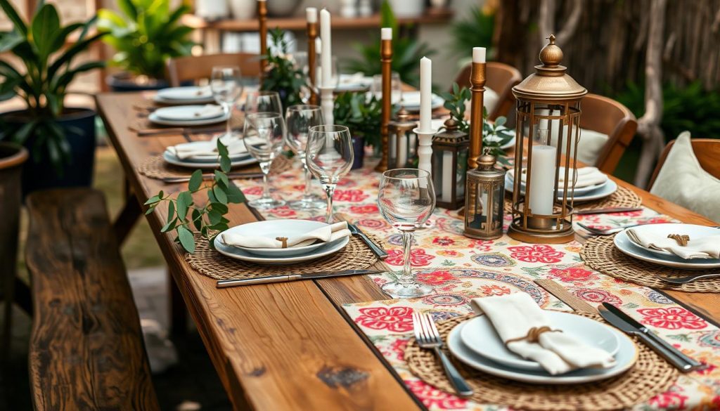 A vibrant and inviting outdoor table setting, with a rustic wooden surface adorned with a colorful patterned tablecloth. Delicate glassware, ceramic plates, and metal cutlery are arranged neatly, complemented by woven placemats and napkins. Fresh greenery, such as eucalyptus or olive branches, add a natural touch, while candlesticks and lanterns create a warm, cozy ambiance. The scene is bathed in soft, diffused lighting, capturing the essence of an alfresco churrasco gathering. The overall atmosphere exudes a sense of effortless elegance and attention to detail, perfectly reflecting the theme of "Combinando Cores e Texturas na Mesa Posta". Uma configuração de mesa ao ar livre vibrante e convidativa, com uma superfície de madeira rústica adornada com uma toalha de mesa com padrão colorido. Vidros delicados, pratos de cerâmica e talheres de metal estão dispostos ordenadamente, complementados por jogos americanos e guardanapos de tecido. A vegetação fresca, como ramos de eucalipto ou de oliveira, dá um toque natural, enquanto os castiçais e as lanternas criam um ambiente quente e aconchegante. A cena é banhada por uma iluminação suave e difusa, capturando a essência de uma reunião de churrasco ao ar livre. A atmosfera geral exala uma sensação de elegância sem esforço e atenção aos detalhes, refletindo perfeitamente o tema “Combinando Cores e Texturas na Mesa Posta”.