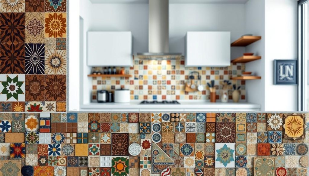 Uma exibição vibrante de azulejos decorativos, apresentando as últimas tendências em projetos de paredes de cozinha. O primeiro plano apresenta um arranjo intrincado de azulejos padronizados, com uma paleta de cores diversificada que varia de tons quentes de terra a tons ousados e vibrantes. O meio-termo apresenta uma composição semelhante a um mosaico, destacando a interação de formas, texturas e elementos dimensionais. Ao fundo, uma cozinha minimalista e suavemente iluminada oferece um pano de fundo harmonioso, permitindo que os cativantes designs de azulejos ocupem o centro do palco. A cena geral transmite uma sensação de sofisticação moderna, convidando o espectador a imaginar as possibilidades criativas de transformar as paredes da cozinha em uma tela de expressão artística.