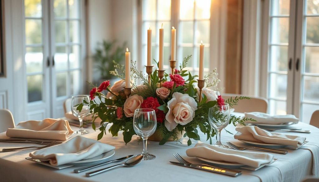 Uma mesa de almoço vibrante e elegante com um charme natural e rústico. O centro de mesa apresenta um arranjo artístico de flores frescas, folhagens e castiçais, que emitem um brilho acolhedor e ambiente. Louça delicada, guardanapos de linho texturizado e talheres polidos adornam o tampo da mesa, criando uma exibição harmoniosa e convidativa. A luz do sol entra pelas grandes janelas, iluminando a cena com um tom suave e dourado. A atmosfera geral exala uma sensação de simplicidade, gosto refinado e atenção aos detalhes, capturando perfeitamente a essência de um ambiente de almoço casual, porém sofisticado.