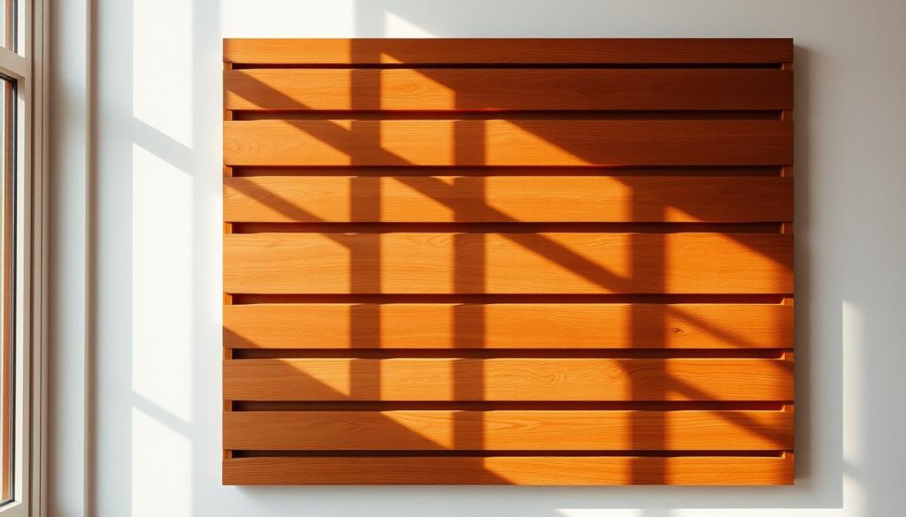 A well-crafted wooden panel with parallel horizontal slats, arranged in a modern and elegant fashion, illuminated by warm natural lighting from a nearby window. The smooth texture of the wood grain is accentuated by strategically placed shadows, creating depth and visual interest. The panel is mounted flush against a pristine white wall, seamlessly blending form and function. The overall composition exudes a sense of sophistication and attention to detail, perfectly suited to enhance the decor of a stylish living space. Um painel de madeira bem trabalhado com ripas horizontais paralelas, dispostas de forma moderna e elegante, iluminadas pela luz natural quente de uma janela próxima. A textura suave do grão da madeira é acentuada por sombras estrategicamente posicionadas, criando profundidade e interesse visual. O painel é montado contra uma parede branca imaculada, combinando perfeitamente forma e função. A composição geral exala uma sensação de sofisticação e atenção aos detalhes, perfeitamente adequada para aprimorar a decoração de uma sala de estar com estilo.