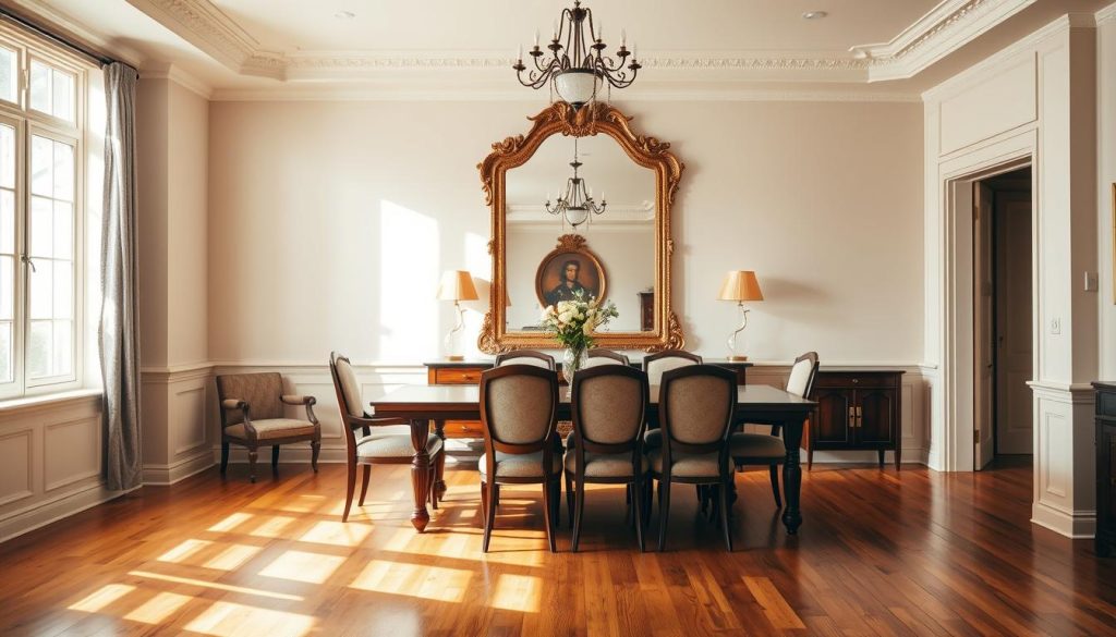 Sala de jantar iluminada com grande espelho ornamentado acima da mesa refletem luz e ampliam o espaço
