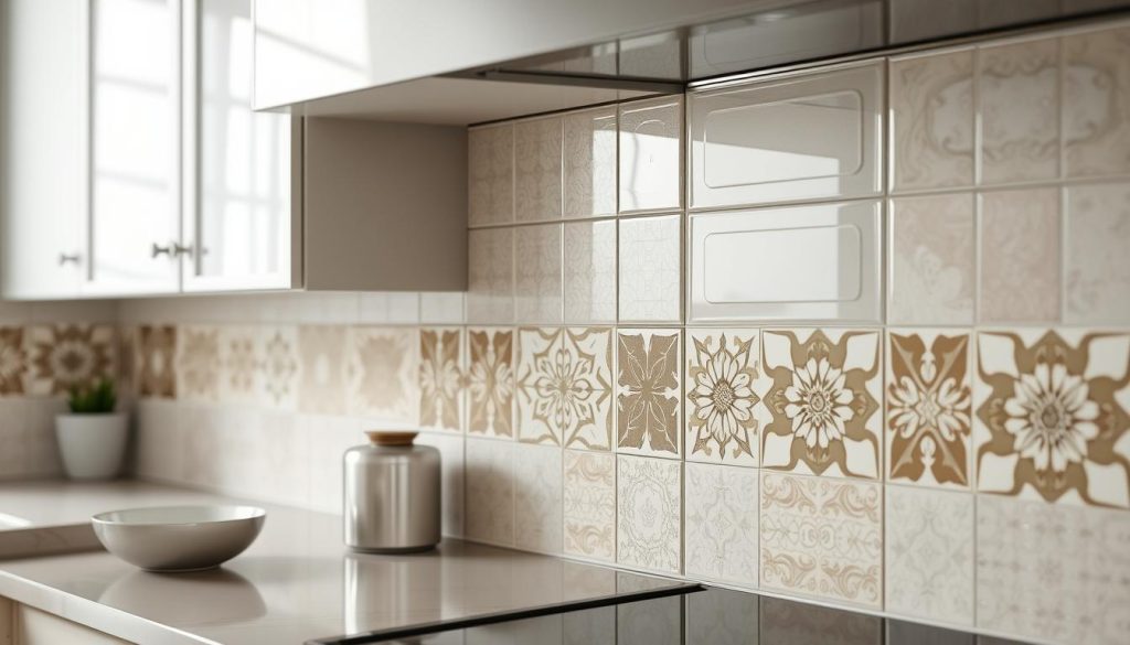 Um interior de cozinha bem iluminado com uma visão de perto dos azulejos decorativos na parede. Os azulejos têm um acabamento liso e brilhante, mostrando a durabilidade e a alta qualidade do trabalho artesanal. Os azulejos apresentam uma variedade de padrões geométricos complexos em tons neutros, exalando uma sensação de elegância e sofisticação. A iluminação é suave e difusa, destacando a profundidade e a textura da superfície do azulejo. A composição enfatiza a resistência dos azulejos e a atenção aos detalhes, capturando a essência da seção “Durabilidade e Acabamento dos Azulejos” do artigo.Comparações de marcas premium de azulejos de cozinha em um ambiente moderno e minimalista. Ampla tomada de estúdio com iluminação natural uniforme, revelando amostras de azulejos texturizados e de alta qualidade em uma variedade de tons de azul dispostos em uma superfície elegante e reflexiva. Bordas lisas e foscas de azulejos justapostas a um fundo branco e limpo para destacar detalhes de cores, padrões e materiais. As composições enfatizam as qualidades dos materiais, os acabamentos e as variações de tons entre as marcas. Transmita uma sensação de curadoria cuidadosa e avaliação especializada das opções de azulejos decorativos para a cozinha.