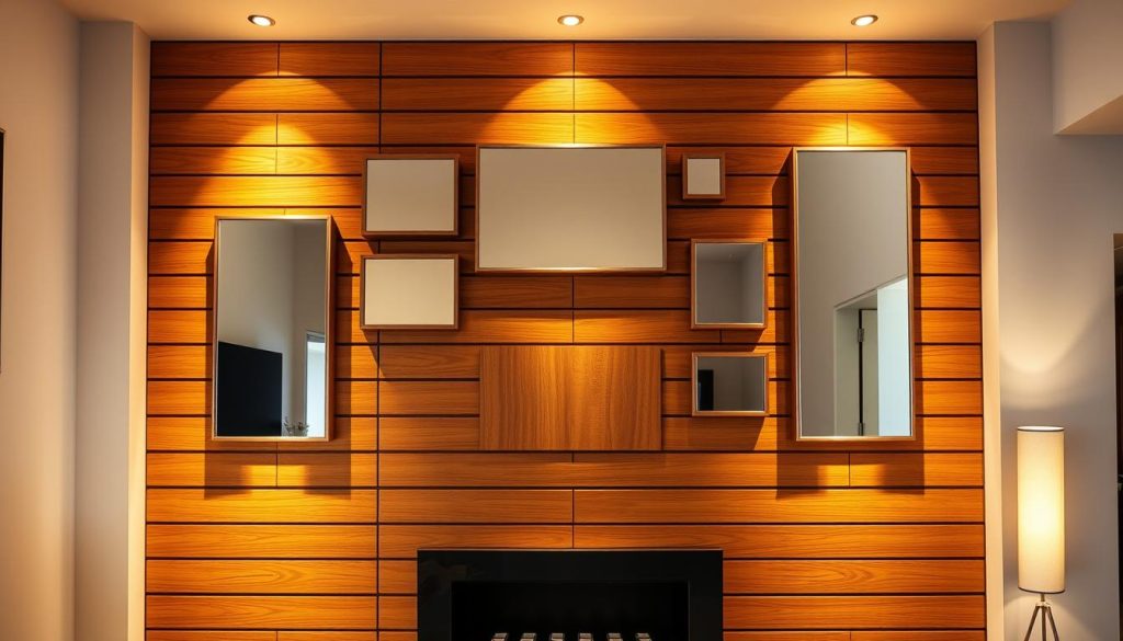 An elegant modern living room with a slatted wood wall panel adorned with a harmonious arrangement of rectangular mirrors in various sizes, reflecting the space and creating a sense of depth. The paneling is illuminated by warm, indirect lighting casting a soft, intimate glow. The mirrors are framed in a sleek, minimalist style, complementing the clean lines of the wood. The overall composition exudes sophistication and a refined, contemporary aesthetic, perfectly capturing the "Combinando Painel Ripado com Outros Elementos" theme. Sala de estar moderna e elegante com painel ripado de madeira e espelhos retangulares de diferentes tamanhos, criando profundidade e sofisticação. Iluminação indireta em tom quente valoriza a composição contemporânea e os detalhes minimalistas.