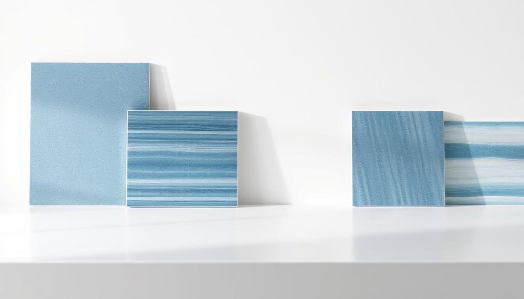Comparações de marcas de revestimentos de cozinha premium em um ambiente moderno e minimalista. Ampla tomada de estúdio com iluminação natural uniforme, revelando amostras de azulejos texturizados e de alta qualidade em uma variedade de tons de azul dispostos em uma superfície elegante e reflexiva. Bordas lisas e foscas de azulejos justapostas a um fundo branco e limpo para destacar detalhes de cores, padrões e materiais. As composições enfatizam as qualidades dos materiais, os acabamentos e as variações de tons entre as marcas. Transmita uma sensação de curadoria cuidadosa e avaliação especializada das opções de azulejos decorativos para a cozinha.