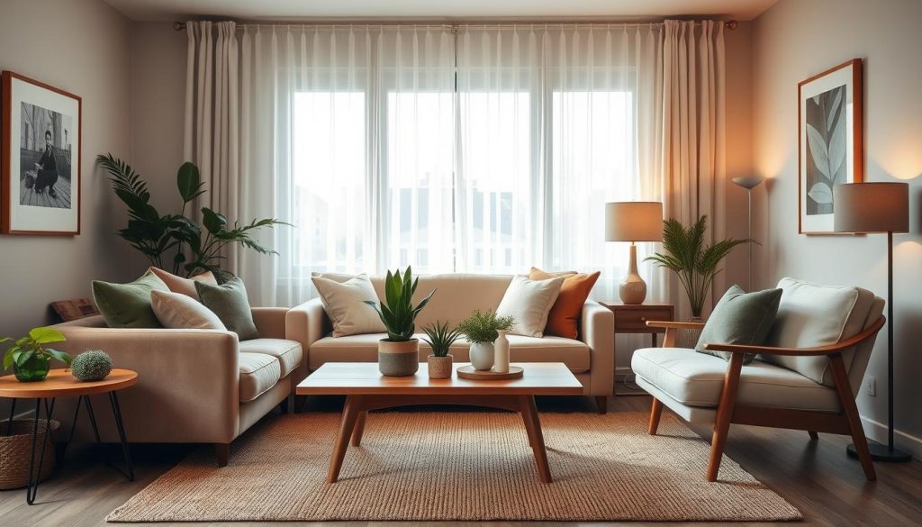 Cozy living room with warm, inviting atmosphere. Soft, plush velvet sofa in muted tones, complemented by mid-century inspired armchair. Wooden coffee table with minimalist design, topped with potted plants and candles. Textured area rug in earthy hues grounds the space. Wall art in natural frames adds personal touches. Sheer curtains filter gentle, diffused sunlight through large windows. Strategically placed task lighting and table lamps create a welcoming, intimate glow. Overall, a harmonious blend of textures, colors, and furnishings that exude comfort and character in a small living room setting.